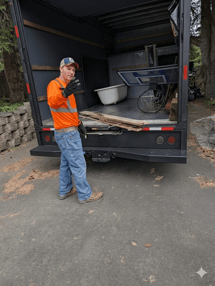 Man in orange safety gear gestures behind a truck holding a bathtub and basketball hoop.