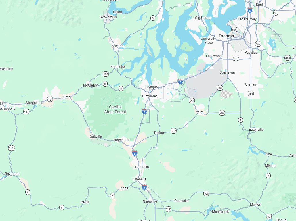 Map of western Washington state featuring Olympia, Tacoma, Capitol State Forest, and major highway routes.